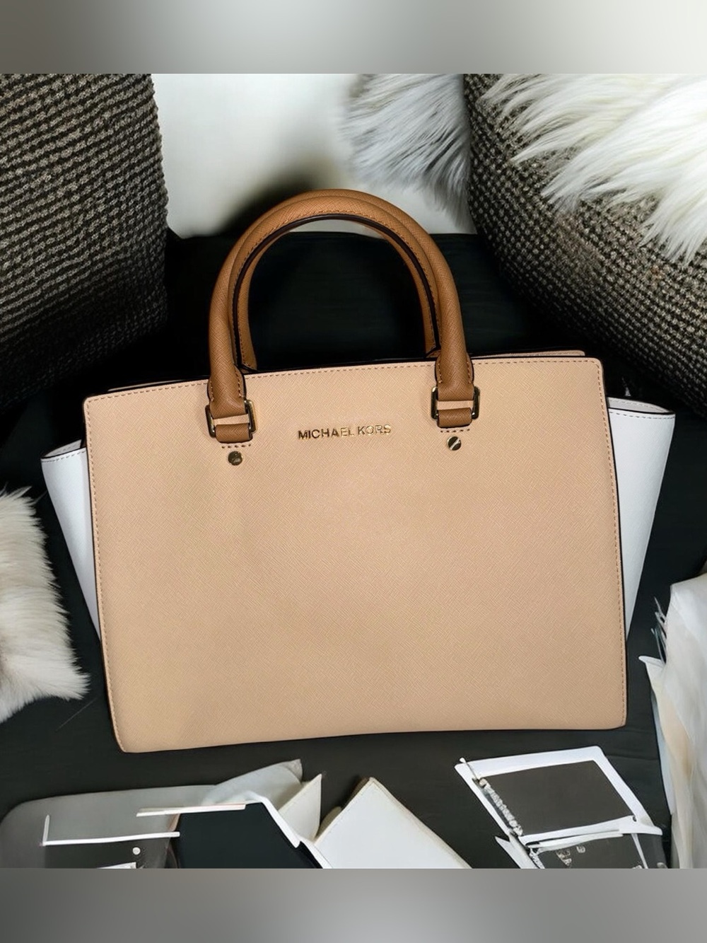 Michael Kors Two-Tone Nude and White Leather Satchel